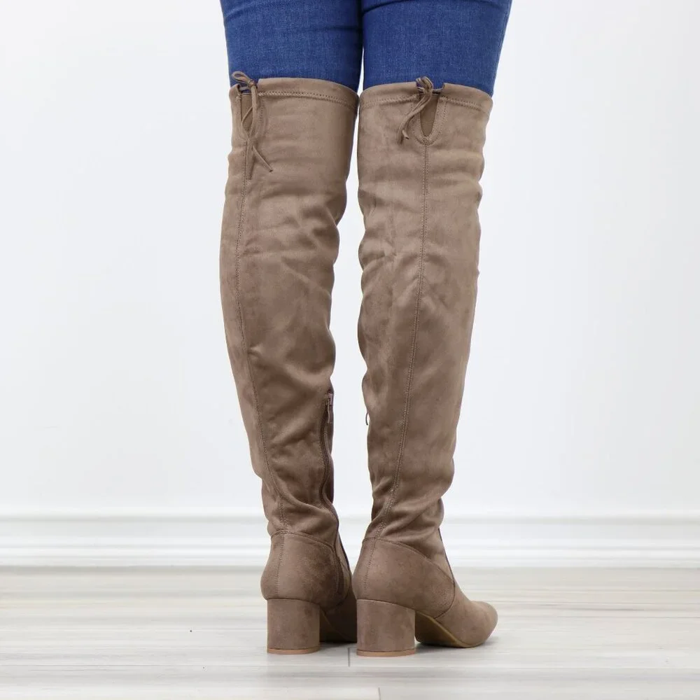 Taupe Over-the-Knee Boots Faux Suede Low Block Heel Tie Back